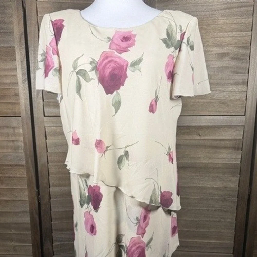 R&M Richards Karen Kwong Sand Pink Rose Floral Tiered Midi Dress Womens 14‎ NWT